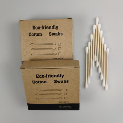 ECO Biodegradable Bamboo Handle Double Head Cotton Bud Swab dalam Kotak Kertas