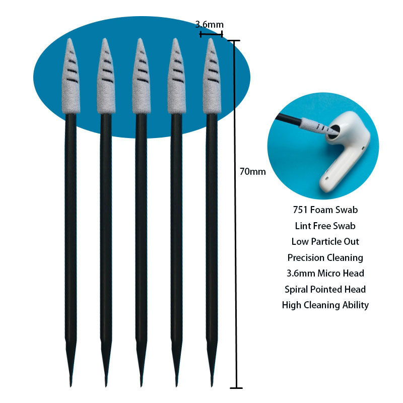 751 Spons Busa Ujung Runcing Spiral Gagang Hitam Bebas Serat untuk Pembersihan Detail Mobil, Spons Pembersih Ruang Bersih untuk Pembersihan Headset