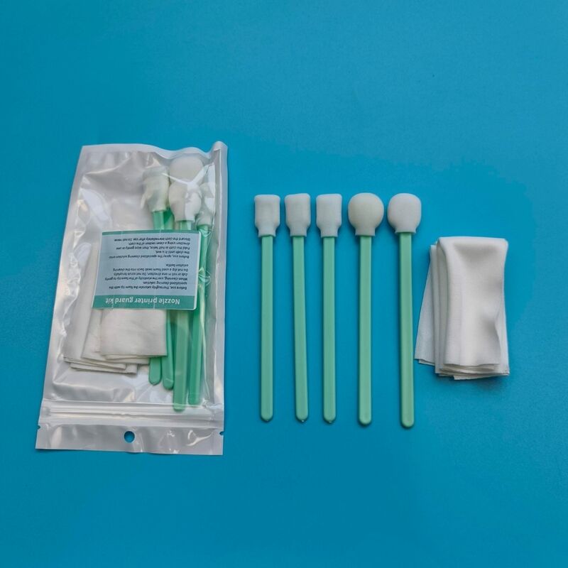 Kit Swab Detail Ujung Busa Spons Lembut Gagang Hijau Bebas Serat Kit Pembersih Printer dengan Tisu Poliester